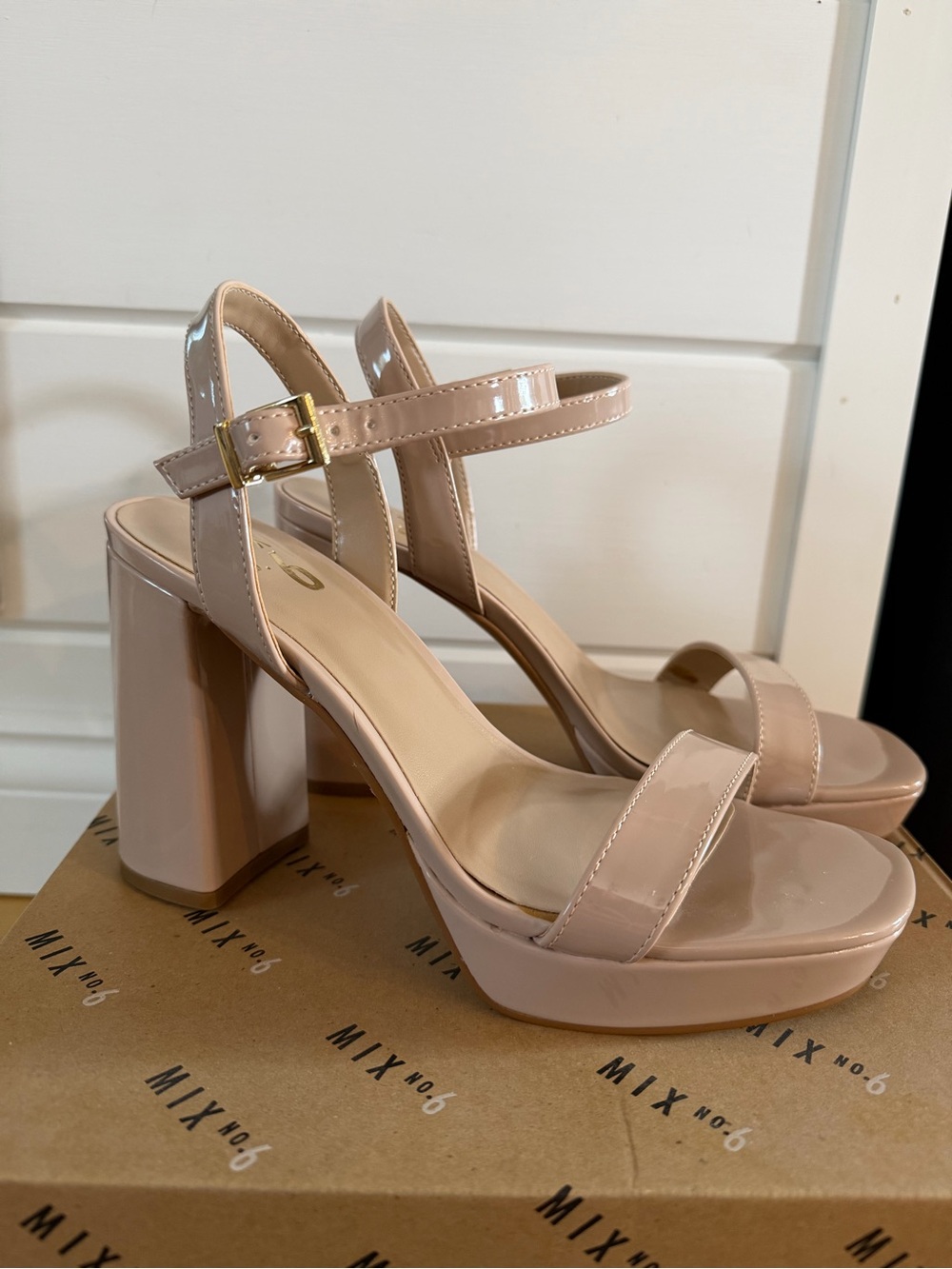 Mix No. 6 Glossy Nude Block Heel Ankle Strap Sandal
